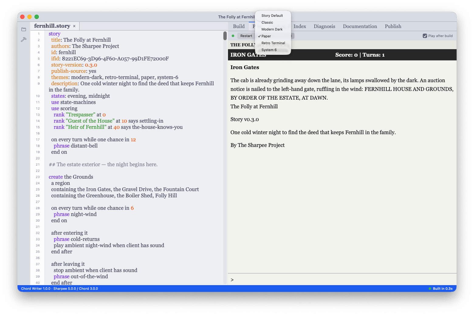 The Play tab's theme picker open, listing Story Default, Classic, Modern Dark, Paper, Retro Terminal, and System 6, with the story running under the Paper theme.