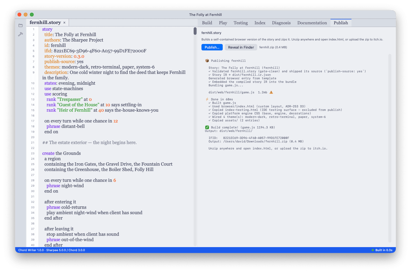 The Publish tab: the toolchain's publish output, ending with the built artifact's size, IFID, and zip path, above a Reveal in Finder button.
