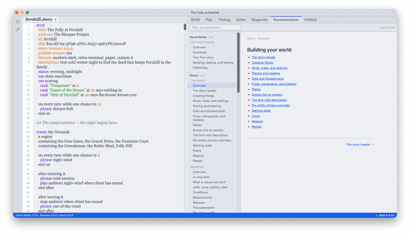 The Documentation tab: a contents rail of Chord Writer and Chord pages beside a rendered documentation page.