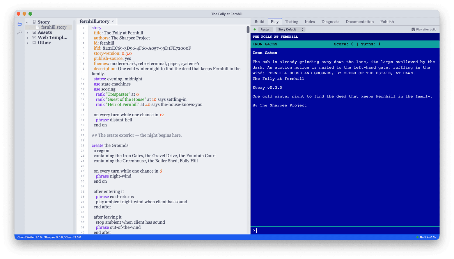 The Chord Writer window: project pane on the left, the story source in the editor, and the Play tab on the right running the story in a retro terminal theme.